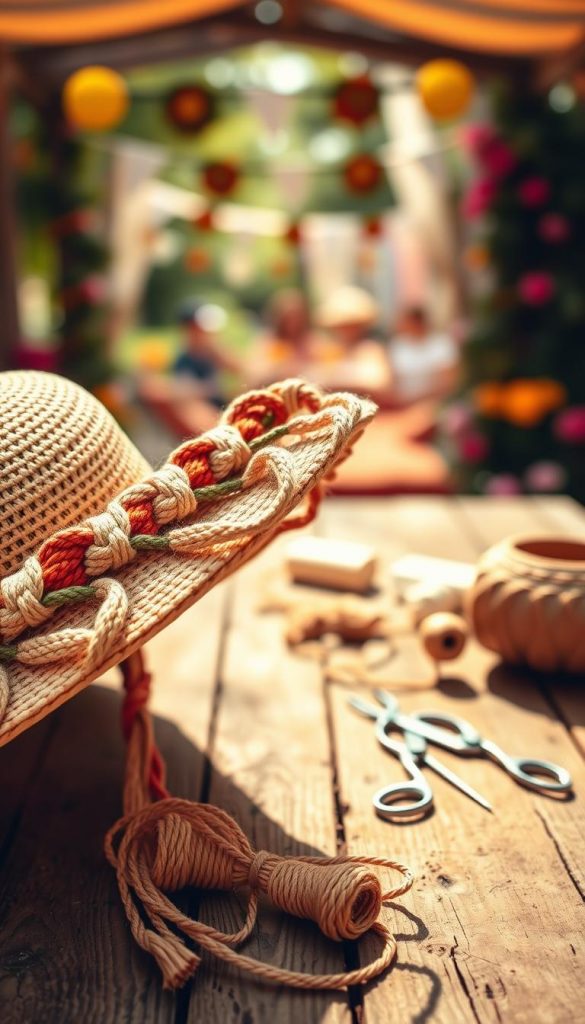 A beautifully woven macramé hatband in a bohemian style, draped artfully over the brim of a sun hat. The foreground features intricate knots and patterns in earthy tones of beige, terracotta, and olive green, exuding a warm, natural feel. In the middle ground, a rustic wooden table displays scattered crafting materials like twine and scissors, enhancing the DIY theme. The background reveals a sunlit garden party setting with subtle hints of colorful flowers and a blurred, vibrant festival atmosphere. The lighting is warm and inviting, with soft sunlight casting gentle shadows. The image captures an authentic and inspiring Pinterest aesthetic, radiating creativity and summer vibes. Brand name: KlickKiste. A beautifully woven macramé hatband in a bohemian style, draped artfully over the brim of a sun hat. The foreground features intricate knots and patterns in earthy tones of beige, terracotta, and olive green, exuding a warm, natural feel. In the middle ground, a rustic wooden table displays scattered crafting materials like twine and scissors, enhancing the DIY theme. The background reveals a sunlit garden party setting with subtle hints of colorful flowers and a blurred, vibrant festival atmosphere. The lighting is warm and inviting, with soft sunlight casting gentle shadows. The image captures an authentic and inspiring Pinterest aesthetic, radiating creativity and summer vibes. Brand name: KlickKiste.