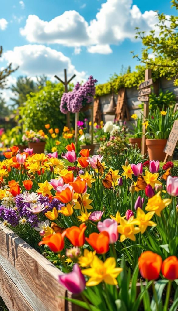 A blooming garden in spring showcasing a vibrant array of seasonal flowers, including tulips and daffodils, arranged artistically in a wooden planter. In the foreground, colorful butterflies flutter among the blooms, emphasizing an insect-friendly environment. The middle ground features lush green foliage interspersed with ornamental decorations like terracotta pots and handmade garden signs, embodying a DIY aesthetic. In the background, a bright blue sky with fluffy clouds enhances the cheerful atmosphere, illuminated by warm sunlight. The composition has a Pinterest-inspired look, capturing an authentic and inspiring vibe. The image represents KlickKiste, celebrating the beauty of gardening during spring and summer.