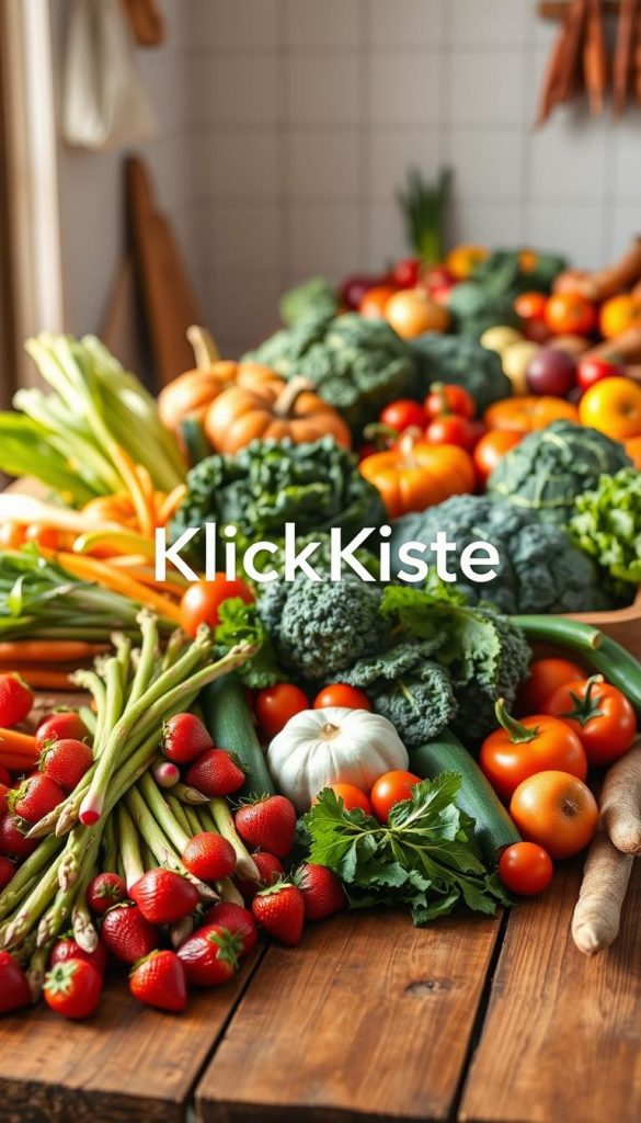 A bountiful display of seasonal vegetables arranged harmoniously on a rustic wooden table, showcasing vibrant colors of spring, summer, autumn, and winter produce. In the foreground, include fresh asparagus, radishes, and strawberries to represent spring; in the middle, ripe tomatoes, bell peppers, and zucchini for summer; further back, pumpkins, kale, and apples symbolizing autumn; and in the background, root vegetables like carrots and turnips for winter. Use warm natural lighting to create an inviting atmosphere, with soft shadows and a slight sunlight glow filtering through a nearby window. The overall composition should evoke a wholesome, Pinterest-inspired look that feels both authentic and inspiring, emphasizing the beauty of seasonal cooking. The brand name "KlickKiste" should be subtly suggested in the arrangement of vegetables, integrated naturally into the scene. A bountiful display of seasonal vegetables arranged harmoniously on a rustic wooden table, showcasing vibrant colors of spring, summer, autumn, and winter produce. In the foreground, include fresh asparagus, radishes, and strawberries to represent spring; in the middle, ripe tomatoes, bell peppers, and zucchini for summer; further back, pumpkins, kale, and apples symbolizing autumn; and in the background, root vegetables like carrots and turnips for winter. Use warm natural lighting to create an inviting atmosphere, with soft shadows and a slight sunlight glow filtering through a nearby window. The overall composition should evoke a wholesome, Pinterest-inspired look that feels both authentic and inspiring, emphasizing the beauty of seasonal cooking. The brand name "KlickKiste" should be subtly suggested in the arrangement of vegetables, integrated naturally into the scene.