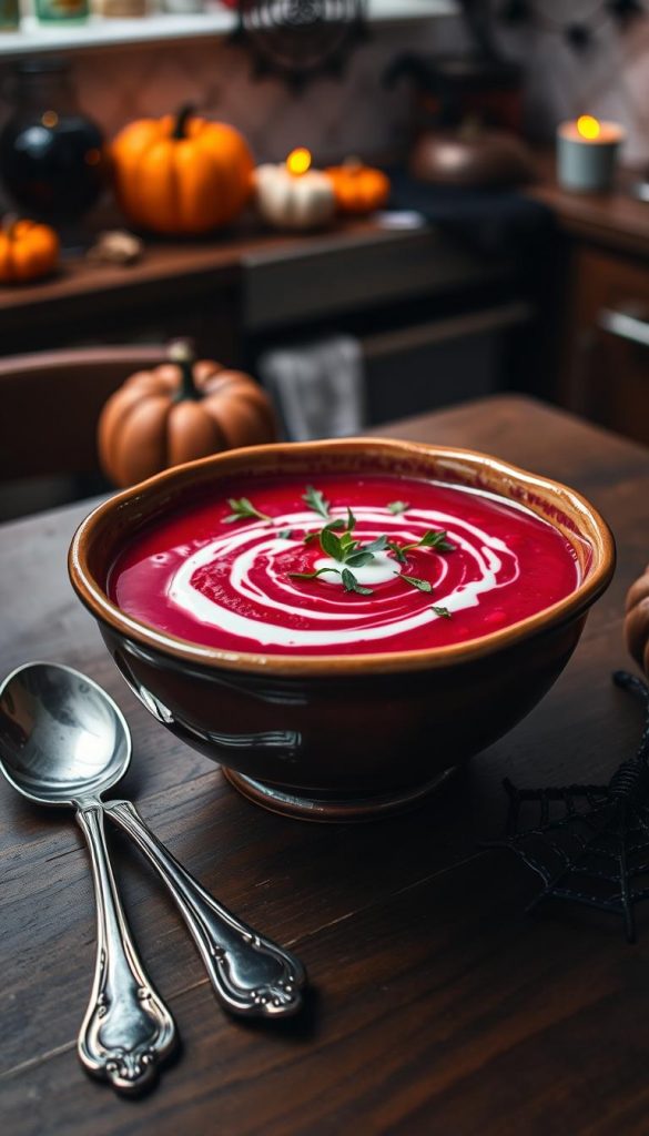 A bowl of rich, vibrant red beet soup served in an elegant, rustic ceramic bowl, placed on a wooden table. The soup is garnished with a swirl of creamy white yogurt and topped with fresh herbs, creating a striking visual contrast. In the foreground, a decorative spoon lies beside the bowl, glimmering under soft, warm lighting. The middle ground features a cozy kitchen setting with autumnal decorations, such as small pumpkins and spiderweb motifs, enhancing the Halloween theme. The background is softly blurred, showcasing a warm, inviting kitchen atmosphere. The image should evoke an enchanting, spooky vibe, perfect for Halloween. Capture this scene with a Canon lens, using a warm color palette to create an authentic and inspiring look. Brand name: KlickKiste. A bowl of rich, vibrant red beet soup served in an elegant, rustic ceramic bowl, placed on a wooden table. The soup is garnished with a swirl of creamy white yogurt and topped with fresh herbs, creating a striking visual contrast. In the foreground, a decorative spoon lies beside the bowl, glimmering under soft, warm lighting. The middle ground features a cozy kitchen setting with autumnal decorations, such as small pumpkins and spiderweb motifs, enhancing the Halloween theme. The background is softly blurred, showcasing a warm, inviting kitchen atmosphere. The image should evoke an enchanting, spooky vibe, perfect for Halloween. Capture this scene with a Canon lens, using a warm color palette to create an authentic and inspiring look. Brand name: KlickKiste.