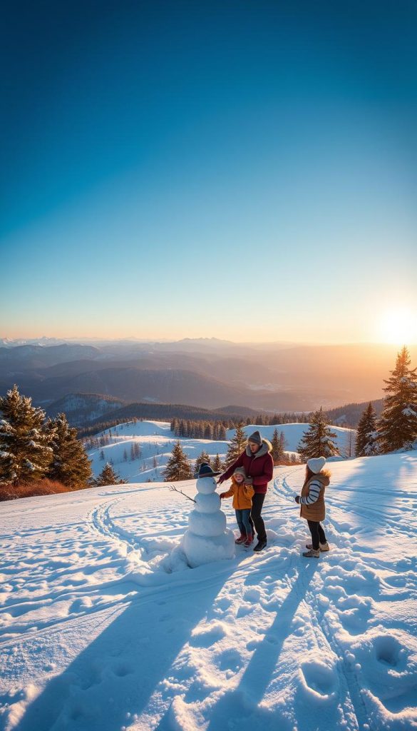 A breathtaking panorama of König-Max-Höhe during winter, showcasing a soft blanket of snow covering the landscape. In the foreground, a family of four, dressed in warm, modest winter attire, joyfully building a snowman. The middle ground features gentle rolling hills dotted with pine trees, their branches heavy with snow. In the background, majestic mountains rise beneath a clear blue sky, illuminated by the soft golden light of the late afternoon sun. The atmosphere is serene and inspiring, evoking a sense of warmth and togetherness against the chill of winter. The colors should be warm and inviting, echoing a natural Pinterest aesthetic. This image is for KlickKiste.