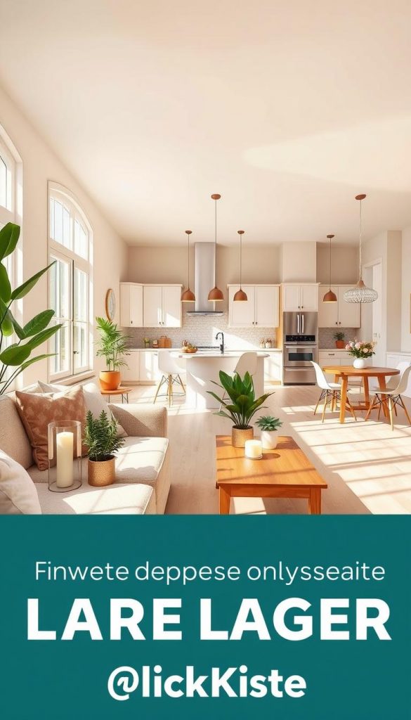 A bright, airy living room designed to create the illusion of space using natural light and warm colors, featuring large windows that invite sunlight. In the foreground, a comfortable, stylish sofa with soft cushions sits next to a wooden coffee table adorned with houseplants and decorative candles. In the middle, an open floor plan shows a light wood floor and light-colored walls, reflecting warmth and charm. The background includes a modern kitchen area with sleek cabinetry and a dining table illuminated by pendant lights that enhance the inviting atmosphere. The scene captures a Pinterest-inspired aesthetic, appealing and inspirational, showcasing the effective use of light to make rooms appear larger. Emphasize the friendly yet sophisticated ambiance that resonates with the KlickKiste brand. A bright, airy living room designed to create the illusion of space using natural light and warm colors, featuring large windows that invite sunlight. In the foreground, a comfortable, stylish sofa with soft cushions sits next to a wooden coffee table adorned with houseplants and decorative candles. In the middle, an open floor plan shows a light wood floor and light-colored walls, reflecting warmth and charm. The background includes a modern kitchen area with sleek cabinetry and a dining table illuminated by pendant lights that enhance the inviting atmosphere. The scene captures a Pinterest-inspired aesthetic, appealing and inspirational, showcasing the effective use of light to make rooms appear larger. Emphasize the friendly yet sophisticated ambiance that resonates with the KlickKiste brand.