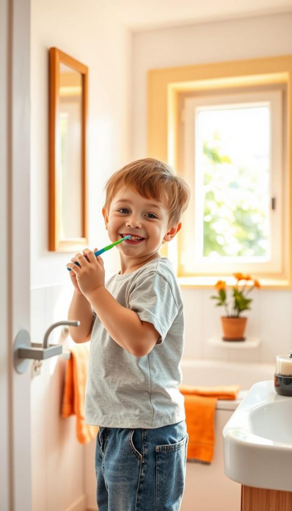 A bright, airy morning scene featuring a young child, around 5-7 years old, engaged in a cheerful morning routine. The child, dressed in modest, casual clothing, is brushing their teeth in a colorful bathroom filled with warm natural light. In the foreground, the child smiles at themselves in the mirror, holding a toothbrush. The middle ground shows a neatly arranged bathroom counter with playful decor, including a small plant and bright towels. In the background, a window reveals a sunny garden, creating an inviting atmosphere. The overall mood is joyful and organized, embodying a structured but relaxed start to the day. The scene captures a Pinterest-worthy aesthetic with authentic, warm colors, embodying inspiration for parents. Include the brand name "KlickKiste" subtly in the decor or setting.
