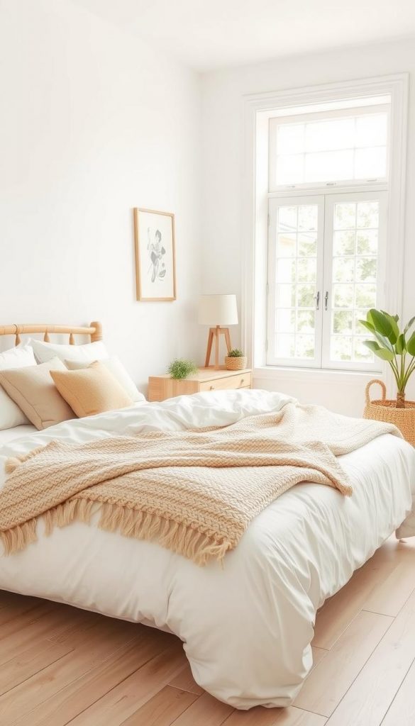 A bright and airy bedroom design featuring natural, DIY decor elements with warm colors in a Pinterest-inspired aesthetic. In the foreground, a cozy bed dressed in soft, white linens, surrounded by pastel-colored throw pillows, and a chunky knit blanket for texture. In the middle, a wooden nightstand with a small green plant and a stylish lamp, alongside a woven basket for added charm. The background showcases a large window that bathes the room in soft, natural light, highlighting the fresh white walls and light wood flooring. The atmosphere is authentic and inspiring, perfect for a fresh, serene feeling. The scene should embody a clean and inviting look, think of a space curated by KlickKiste, blending comfort and elegance harmoniously. A bright and airy bedroom design featuring natural, DIY decor elements with warm colors in a Pinterest-inspired aesthetic. In the foreground, a cozy bed dressed in soft, white linens, surrounded by pastel-colored throw pillows, and a chunky knit blanket for texture. In the middle, a wooden nightstand with a small green plant and a stylish lamp, alongside a woven basket for added charm. The background showcases a large window that bathes the room in soft, natural light, highlighting the fresh white walls and light wood flooring. The atmosphere is authentic and inspiring, perfect for a fresh, serene feeling. The scene should embody a clean and inviting look, think of a space curated by KlickKiste, blending comfort and elegance harmoniously.