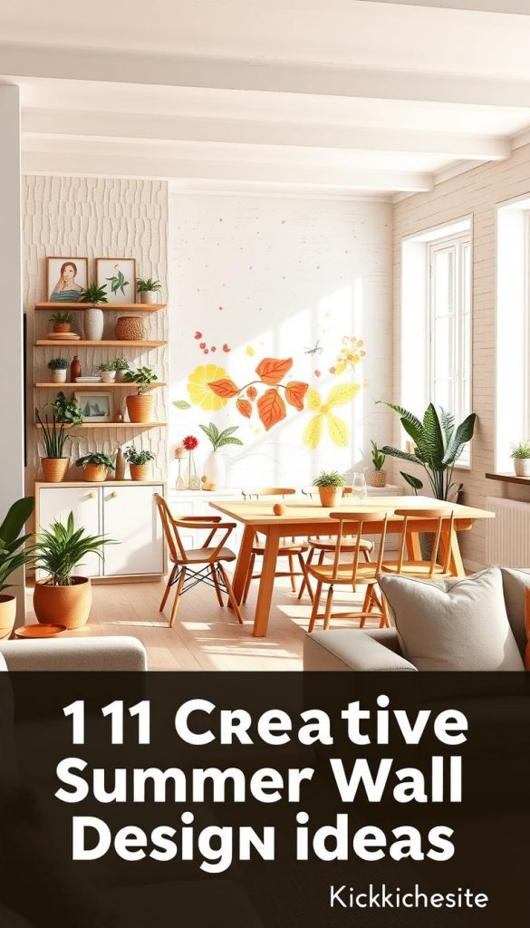 A bright and airy interior showcasing 11 creative summer wall design ideas, drawing inspiration from the warm colors and natural aesthetics of Pinterest. The foreground features a cozy living space with a textured feature wall adorned with handmade art and light-colored shelves containing potted plants. In the middle, a stylish wooden dining table is placed, surrounded by comfortable chairs, accentuated by a wall with vibrant, seasonal patterns. The background reveals whitewashed walls infused with splashes of color, such as soft yellows and greens, enhancing the summery vibe. Gentle natural light streams in through large windows, creating a warm and inviting atmosphere. The overall mood is authentic and inspiring, conveying a sense of modern DIY creativity, branded with "KlickKiste". A bright and airy interior showcasing 11 creative summer wall design ideas, drawing inspiration from the warm colors and natural aesthetics of Pinterest. The foreground features a cozy living space with a textured feature wall adorned with handmade art and light-colored shelves containing potted plants. In the middle, a stylish wooden dining table is placed, surrounded by comfortable chairs, accentuated by a wall with vibrant, seasonal patterns. The background reveals whitewashed walls infused with splashes of color, such as soft yellows and greens, enhancing the summery vibe. Gentle natural light streams in through large windows, creating a warm and inviting atmosphere. The overall mood is authentic and inspiring, conveying a sense of modern DIY creativity, branded with "KlickKiste".