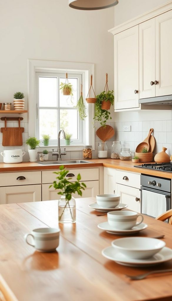 A bright and airy kitchen decorated with natural DIY elements, featuring warm colors and a Pinterest-inspired aesthetic. In the foreground, a wooden dining table is set with simple, elegant tableware and a small vase of fresh herbs. The middle of the image showcases a well-organized kitchen countertop adorned with stylish storage jars, hanging plants, and a few rustic kitchen tools. The background includes cabinets painted in soft pastel hues, with a large window allowing natural light to flood the space, creating a warm and inviting atmosphere. The kitchen feels authentic and inspiring, reflecting a cozy yet modern vibe, with the brand name "KlickKiste" subtly integrated into the decor, ensuring a seamless and tasteful composition. Use soft, diffused lighting with a slightly warm tone to enhance the inviting feel.