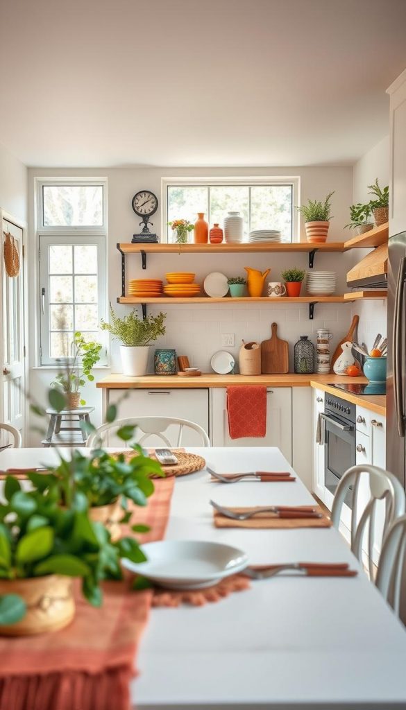 A bright and airy kitchen showcasing current decor trends: incorporate elements of Scandi minimalism with clean lines and natural wood accents, Boho with vibrant textiles and greenery, Cozy with soft lighting and inviting textures, Maximalism through colorful dishware and art, and Castlecore charm with vintage-inspired decor. The foreground features a well-set dining table adorned with warm, DIY crafts, showcasing a "KlickKiste" brand centerpiece. In the middle, display open shelving with eclectic dishware and potted plants, while the background reveals large windows allowing natural sunlight to pour in, enhancing the warm color palette of the space. Capture the scene from a slightly elevated angle, emphasizing a welcoming atmosphere, perfect for inspiration on bright kitchen decorating styles.