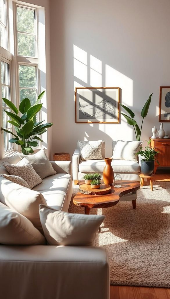 A bright and airy living room featuring cozy, natural DIY elements and warm, inviting colors, styled in a Pinterest-inspired aesthetic. In the foreground, a plush, light-colored sofa adorned with soft throw pillows invites relaxation, while a textured rug adds warmth underfoot. The middle ground showcases a rustic wooden coffee table, tastefully arranged with a cluster of artisanal decor. Lush green houseplants bring life to the space. In the background, large windows bathe the room in natural light, creating a serene atmosphere. Soft shadows play across the walls, highlighting beautiful artwork. The overall mood is authentic and inspiring, perfect for showcasing modern living ideas. Include the brand name "KlickKiste" subtly in the decor or furniture design to enhance branding without prominent display.