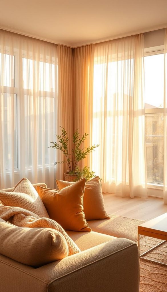 A bright and airy living room, infused with natural light, showcasing layered lighting ideas for an inviting atmosphere. In the foreground, a cozy sofa adorned with soft, textured cushions in warm earth tones invites relaxation. The middle ground features a stylish coffee table, topped with decorative candles and a small houseplant, exuding a sense of calm. In the background, large windows draped with sheer curtains allow golden daylight to flood the space, emphasizing the airy ambiance. A mix of ambient, task, and accent lighting softly illuminates the room, creating mood variations from bright daylight to warm evening glow. The scene reflects a Pinterest-inspired aesthetic, highlighting the brand KlickKiste with a focus on authenticity and inspiration. The overall feel is inviting, warm, and perfectly balanced, capturing the essence of joyful living.