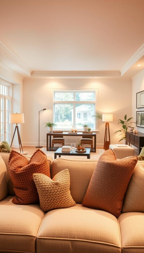 A bright and airy living room that showcases effective layering of lighting, featuring warm, natural tones inspired by the Pinterest aesthetic. In the foreground, a cozy sofa adorned with textured throw pillows in soft earth tones sits invitingly, illuminated by gentle ambient light. The middle section reveals a stylish coffee table with a few decorative items, while strategically placed floor lamps and recessed lighting create varied zones of illumination. In the background, large windows allow natural light to flood in, highlighting the room's neutral walls adorned with tasteful artwork. The atmosphere is warm and inviting, emphasizing the concept of color depth through thoughtful lighting design. No people in the image, and ensure high-quality lighting and soft lens focus. Inspired by KlickKiste's emphasis on authenticity and inspiration.