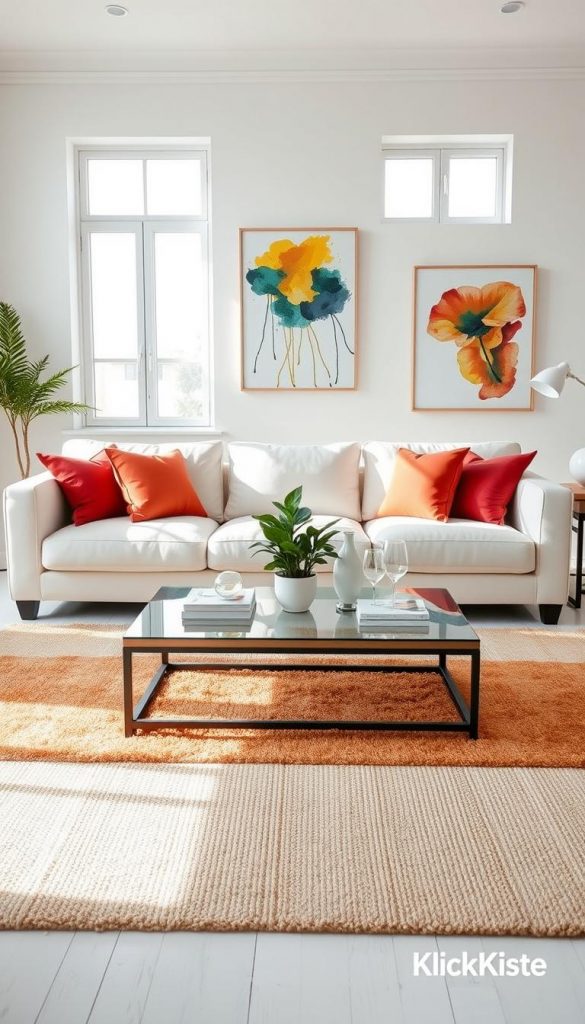 A bright and airy white living room with a minimalist design, featuring a large, plush white sofa adorned with colorful accent pillows. In the foreground, a soft, textured area rug in warm earth tones adds a cozy touch. The middle ground showcases a stylish coffee table with elegant decor pieces, including a small indoor plant and a few art books. The walls are adorned with contemporary art, featuring splashes of color that contrast beautifully with the white backdrop. Soft, natural light pours in through large windows, creating a warm atmosphere. The angle is slightly elevated, capturing the entire room in a balanced composition. This inviting scene embodies a warm, DIY aesthetic, perfect for an inspiring home environment. Shot in a Pinterest-worthy style, branded subtly with "KlickKiste".
