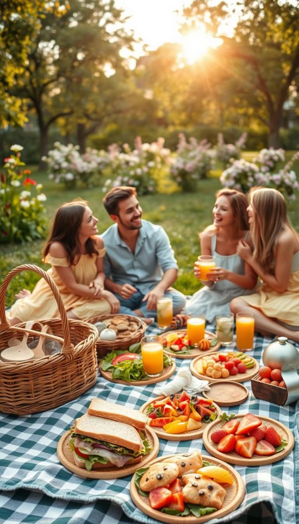A bright and cheerful picnic scene set in a lush green park, capturing a family enjoying a delightful lunch together. In the foreground, an inviting picnic blanket spread with an assortment of colorful and delicious lunch ideas, including fresh sandwiches, vibrant salads, and delightful fruit platters. A woven basket nearby adds to the ambiance, while a couple of refreshing drinks sit in charming glasses. In the middle, a family of four, dressed in modest casual clothing, is laughing and sharing food, exuding joy and warmth. The background features blooming flowers and trees under a soft sunlight, creating a golden hour glow. Overall, the composition reflects an authentic Pinterest-inspired aesthetic with warm colors, evoking a cozy and inspirational atmosphere. Include a subtle branding element that suggests "KlickKiste" in the scene. A bright and cheerful picnic scene set in a lush green park, capturing a family enjoying a delightful lunch together. In the foreground, an inviting picnic blanket spread with an assortment of colorful and delicious lunch ideas, including fresh sandwiches, vibrant salads, and delightful fruit platters. A woven basket nearby adds to the ambiance, while a couple of refreshing drinks sit in charming glasses. In the middle, a family of four, dressed in modest casual clothing, is laughing and sharing food, exuding joy and warmth. The background features blooming flowers and trees under a soft sunlight, creating a golden hour glow. Overall, the composition reflects an authentic Pinterest-inspired aesthetic with warm colors, evoking a cozy and inspirational atmosphere. Include a subtle branding element that suggests "KlickKiste" in the scene.