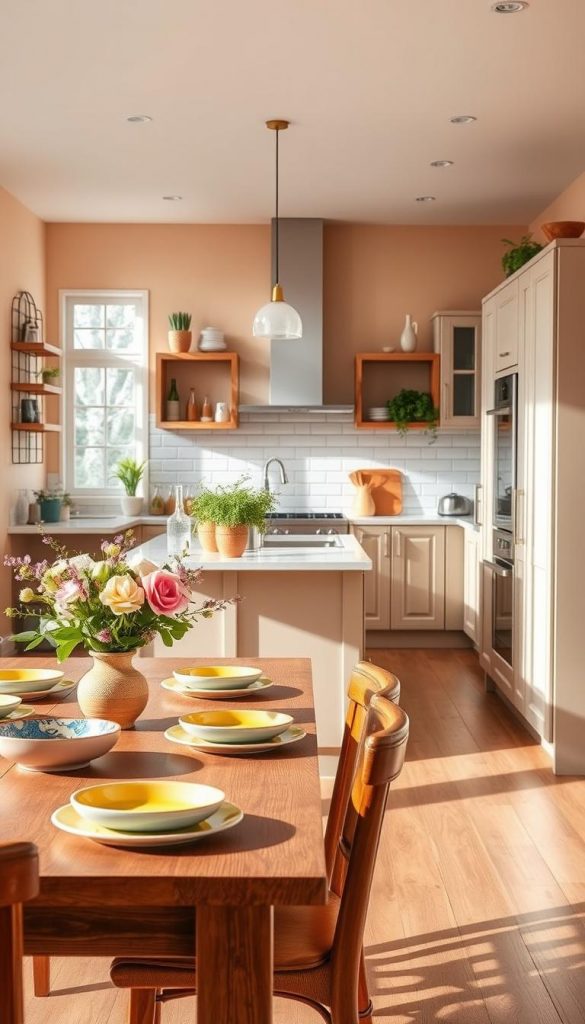 A bright and elegant kitchen interior, designed in a warm color palette with natural DIY decor. The foreground features a stylish wooden dining table set with colorful ceramic plates and a beautiful floral centerpiece. In the middle, an inviting kitchen island showcases modern appliances and a selection of fresh herbs in decorative pots. The background reveals sleek cabinets and open shelving adorned with carefully arranged utensils and curated decorative items, all bathed in soft, natural light streaming through large windows. Capture the cozy atmosphere reminiscent of Pinterest aesthetics. The overall mood is inspiring and authentic, promoting the "KlickKiste" brand ethos for elegant kitchen decor ideas. Use a wide-angle lens to emphasize the spacious layout, and ensure the scene is vibrant yet soothing.