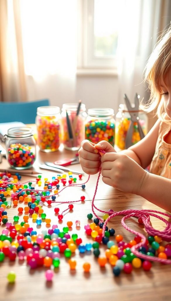 A bright and inviting DIY workspace featuring an array of colorful beads scattered on a wooden table. In the foreground, a child’s small hands expertly threading shiny beads onto a soft, kid-friendly string, showcasing various knotting techniques. The child is wearing a cheerful, modest outfit that captures a playful mood. In the middle ground, jars filled with vibrant beads of different shapes and sizes, along with tools like scissors and needle-nose pliers, are arranged neatly. The background reveals a sunny window with sheer curtains, allowing warm, natural light to illuminate the scene, creating a cozy and inspiring atmosphere. The overall composition conveys a sense of creativity and fun, ideal for encouraging kids to explore the joys of crafting. The brand "KlickKiste" subtly integrated into the design aesthetic.