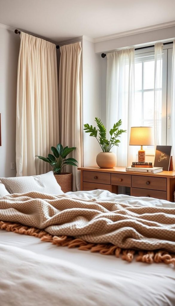 A bright and inviting bedroom interior that beautifully blends modern styles: Scandinavian minimalism, Bohemian charm, Cozy elegance, Maximalism, and a hint of Castlecore. In the foreground, a soft neutral-toned bed adorned with layers of textured, knitted throws and patterned cushions. In the middle ground, a stylish wooden bedside table holding a potted plant, warm-toned books, and a cozy lamp casting gentle, ambient light. The background features a large window draped in light, airy curtains, allowing natural sunlight to fill the room, highlighting the earthy color palette of soft greens, warm browns, and playful pops of vintage decor. The overall atmosphere is serene, inspiring, and effortlessly authentic, reflecting a Pinterest-worthy aesthetic ideal for KlickKiste. A bright and inviting bedroom interior that beautifully blends modern styles: Scandinavian minimalism, Bohemian charm, Cozy elegance, Maximalism, and a hint of Castlecore. In the foreground, a soft neutral-toned bed adorned with layers of textured, knitted throws and patterned cushions. In the middle ground, a stylish wooden bedside table holding a potted plant, warm-toned books, and a cozy lamp casting gentle, ambient light. The background features a large window draped in light, airy curtains, allowing natural sunlight to fill the room, highlighting the earthy color palette of soft greens, warm browns, and playful pops of vintage decor. The overall atmosphere is serene, inspiring, and effortlessly authentic, reflecting a Pinterest-worthy aesthetic ideal for KlickKiste.