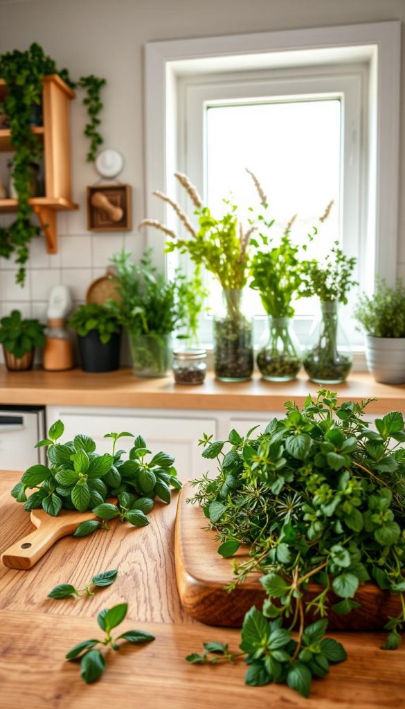A bright and inviting kitchen adorned with seasonal herb arrangements, showcasing a rich variety of green plants such as basil, rosemary, thyme, and mint. In the foreground, a rustic wooden countertop displays a wooden cutting board with fresh herbs, while a few sprigs are artistically scattered for a natural look. In the middle, stylish glass jars filled with dried herbs are arranged beside vibrant potted herbs on a window sill, allowing natural light to filter through, illuminating the scene with warmth. The background features soft, pastel-colored walls and charming kitchen decor, creating a cozy atmosphere. The overall mood is authentic and inspiring, perfect for a modern kitchen aesthetic, reminiscent of a creative Pinterest board. This composition reflects the brand "KlickKiste" with its emphasis on natural DIY aesthetics. A bright and inviting kitchen adorned with seasonal herb arrangements, showcasing a rich variety of green plants such as basil, rosemary, thyme, and mint. In the foreground, a rustic wooden countertop displays a wooden cutting board with fresh herbs, while a few sprigs are artistically scattered for a natural look. In the middle, stylish glass jars filled with dried herbs are arranged beside vibrant potted herbs on a window sill, allowing natural light to filter through, illuminating the scene with warmth. The background features soft, pastel-colored walls and charming kitchen decor, creating a cozy atmosphere. The overall mood is authentic and inspiring, perfect for a modern kitchen aesthetic, reminiscent of a creative Pinterest board. This composition reflects the brand "KlickKiste" with its emphasis on natural DIY aesthetics.