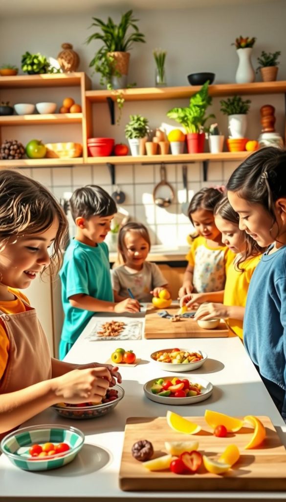 A bright and inviting kitchen scene, featuring a group of children aged 6-10, dressed in colorful, modest casual clothing, joyfully participating in fun food activities. In the foreground, a child decorates healthy snacks with fruits and natural toppings, using vibrant colors and creative shapes. The middle ground shows a diverse group of children, collaborating and trying out different kid-friendly recipes, showcasing teamwork and excitement. The background features a cozy, sunlit kitchen with wooden shelves filled with fresh ingredients, plants, and cheerful décor, creating a warm and welcoming atmosphere. Emphasize natural lighting, with soft shadows to enhance the inviting feel, capturing an authentic Pinterest-inspired aesthetic. Include subtle branding of "KlickKiste" within the decor elements. A bright and inviting kitchen scene, featuring a group of children aged 6-10, dressed in colorful, modest casual clothing, joyfully participating in fun food activities. In the foreground, a child decorates healthy snacks with fruits and natural toppings, using vibrant colors and creative shapes. The middle ground shows a diverse group of children, collaborating and trying out different kid-friendly recipes, showcasing teamwork and excitement. The background features a cozy, sunlit kitchen with wooden shelves filled with fresh ingredients, plants, and cheerful décor, creating a warm and welcoming atmosphere. Emphasize natural lighting, with soft shadows to enhance the inviting feel, capturing an authentic Pinterest-inspired aesthetic. Include subtle branding of "KlickKiste" within the decor elements.