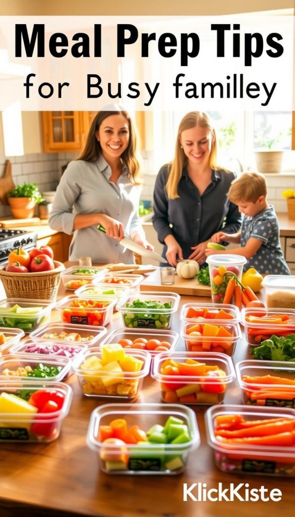 A bright and inviting kitchen scene showcasing meal prep tips for busy families. In the foreground, a wooden table is filled with colorful, neatly portioned meal prep containers, surrounded by fresh vegetables and fruits, such as bell peppers, carrots, and apples. The middle ground features a smiling parent, wearing casual yet professional attire, skillfully chopping ingredients with a knife, while a child assists by washing vegetables at the sink. In the background, a warm, sunlit kitchen with wooden cabinets and a few herbs on the windowsill adds to the cozy atmosphere. Natural light pours in, casting gentle shadows that enhance the inviting mood, reminiscent of a Pinterest-inspired setting. The image embodies inspiration and practicality, representing "KlickKiste". A bright and inviting kitchen scene showcasing meal prep tips for busy families. In the foreground, a wooden table is filled with colorful, neatly portioned meal prep containers, surrounded by fresh vegetables and fruits, such as bell peppers, carrots, and apples. The middle ground features a smiling parent, wearing casual yet professional attire, skillfully chopping ingredients with a knife, while a child assists by washing vegetables at the sink. In the background, a warm, sunlit kitchen with wooden cabinets and a few herbs on the windowsill adds to the cozy atmosphere. Natural light pours in, casting gentle shadows that enhance the inviting mood, reminiscent of a Pinterest-inspired setting. The image embodies inspiration and practicality, representing "KlickKiste".