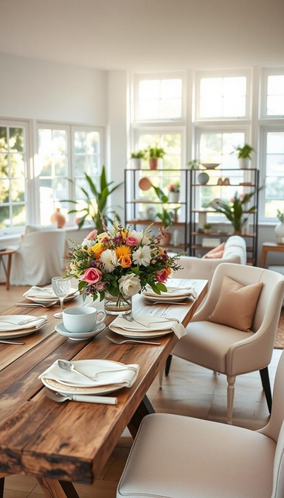 A bright and inviting living room featuring a summer table decoration by KlickKiste. In the foreground, a rustic wooden dining table adorned with a vibrant floral centerpiece, soft pastel tableware, and natural linen napkins. The middle showcases elegant seating options, including plush, pastel-colored chairs that complement the table setting. In the background, large windows let in warm, golden sunlight, highlighting green indoor plants and a stylish shelving unit filled with decorative items. Soft, ambient lighting enhances the cozy atmosphere, evoking a relaxed summer vibe. The overall composition is clean and inviting, capturing a Pinterest-inspired aesthetic that feels both authentic and inspiring, perfect for summer gatherings.