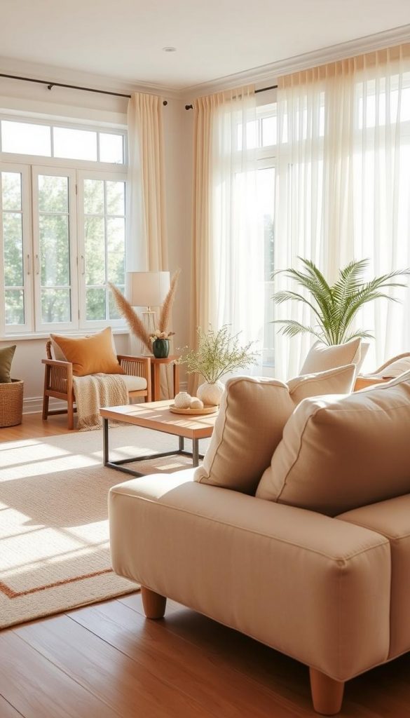 A bright and inviting living room scene showcasing harmonious materials, colors, and textures. In the foreground, a plush, light beige sofa adorned with soft, warm-toned cushions. The middle ground features a stylish wooden coffee table, topped with a few natural decorative items like a potted plant and a textured throw. The walls are painted in a soft pastel shade, and large windows allow abundant natural light to fill the room, casting gentle shadows. The background includes light, airy curtains that sway slightly in the breeze, enhancing the tranquil atmosphere. The overall mood is cozy and inspiring, reflecting a modern Pinterest aesthetic. The composition highlights a seamless blend of traditional and contemporary elements, embodying a balanced and inviting vibe. This image is inspired by the brand "KlickKiste."