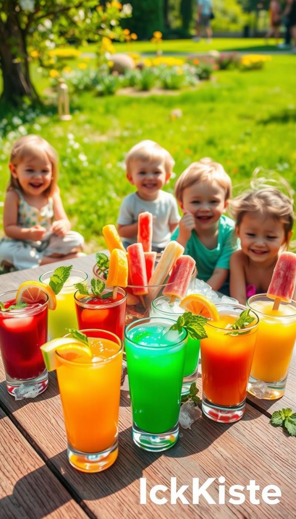 A bright and inviting scene features a colorful assortment of natural, sugar-free drinks and ice treats designed for children. In the foreground, a wooden table holds small glasses filled with vibrant fruit juices, garnished with slices of fresh fruit and mint leaves. Beside them, bowls of homemade fruity ice pops in various colors sit on ice, showcasing rich textures and flavors. The middle ground showcases playful, cheerful children of diverse backgrounds enjoying these refreshing treats, wearing modest summer clothing. The background is filled with a sunny park setting with green grass and blooming flowers, creating an atmosphere of joy and health. The lighting is warm and friendly, evoking a sense of happiness and inspiration. The brand name "KlickKiste" is subtly hinted in the setting, enhancing the visual appeal without dominating the scene. A bright and inviting scene features a colorful assortment of natural, sugar-free drinks and ice treats designed for children. In the foreground, a wooden table holds small glasses filled with vibrant fruit juices, garnished with slices of fresh fruit and mint leaves. Beside them, bowls of homemade fruity ice pops in various colors sit on ice, showcasing rich textures and flavors. The middle ground showcases playful, cheerful children of diverse backgrounds enjoying these refreshing treats, wearing modest summer clothing. The background is filled with a sunny park setting with green grass and blooming flowers, creating an atmosphere of joy and health. The lighting is warm and friendly, evoking a sense of happiness and inspiration. The brand name "KlickKiste" is subtly hinted in the setting, enhancing the visual appeal without dominating the scene.