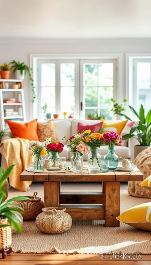 A bright and inviting summer decor setup showcasing various DIY design ideas inspired by warm colors, incorporating elements like vibrant cushions, handmade centerpieces, and decorative plants. The foreground features a cozy seating area adorned with colorful throw pillows and a soft blanket. In the middle, a rustic wooden table is set with fresh flowers in vintage vases, and scattered decorative items that sparkle with a sunny vibe. The background presents a light-filled room with large windows allowing in natural light, enhancing the fresh atmosphere. Capture this scene from a slightly elevated angle to highlight the arrangement. The mood is cheerful and inspiring, evoking a sense of joyful summer living. This image is styled with a Pinterest aesthetic, emphasizing warmth and authenticity, attributed to "KlickKiste".