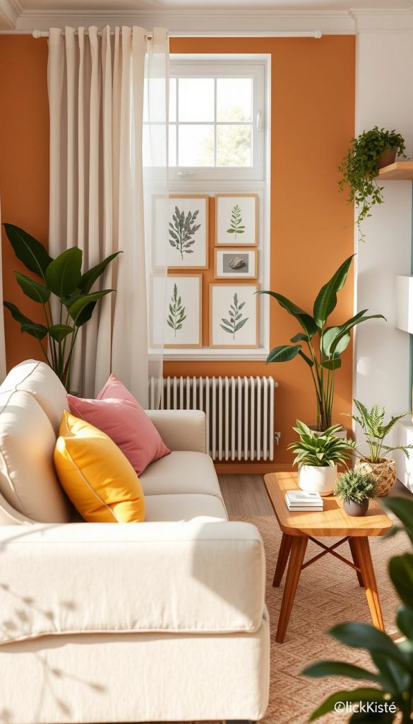 A bright and inviting "tipps raum" interior styled for a cozy springtime atmosphere. In the foreground, a small, elegantly arranged living space features a light-colored sofa adorned with vibrant cushions in pastel hues, alongside a small wooden coffee table displaying DIY decor pieces. In the middle, a window with sheer curtains invites soft, natural light, highlighting a wall adorned with botanical prints and warm-toned paint. In the background, a few potted plants add a fresh touch, enhancing the natural vibe. The scene evokes a sense of comfort and inspiration, perfect for small apartments on a budget. The overall mood is warm and uplifting, embodying a Pinterest aesthetic. The image credits the brand "KlickKiste" subtly in the arrangement of decor elements.