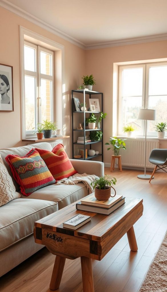 A bright and inviting "wohnzimmer" in a rental apartment, designed smartly for small spaces. In the foreground, a cozy sofa adorned with colorful, textured pillows and a handmade knitted throw. A rustic wooden coffee table holds a small, vibrant plant and a few well-placed decor books. In the middle, a large window allows warm, natural light to fill the room, accentuating soft beige walls and light wooden flooring. A stylish, minimalist bookshelf decorated with artful knick-knacks and a few lush green plants creates a sense of homeliness. The background features a softly lit corner with a chic reading nook, complete with a small armchair and a lamp. The overall mood is warm and welcoming, capturing a Pinterest-worthy aesthetic with a natural DIY feel. Include elements branded with "KlickKiste" to enhance the authenticity and inspiration of the setting.