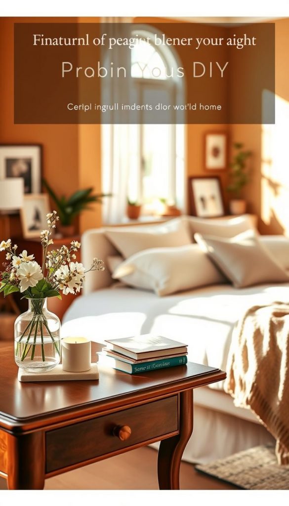 A bright and serene bedroom scene decorated with natural elements for a soothing atmosphere. In the foreground, an elegant wooden bedside table features a small vase filled with fresh flowers, a stack of cozy books, and a scented candle. The middle layer showcases a neatly made bed with soft, light-colored linens, adorned with a few plush pillows and a stylish throw blanket. A large window in the background invites warm sunlight, casting gentle shadows across the room. The walls are painted in warm, inviting hues, enhancing the cozy vibe. Subtle decorations like art pieces and greenery add authenticity and an inspiring Pinterest-like aesthetic. The decor arrangement promotes tranquility and comfort, embodying the essence of a peaceful retreat. The image represents the brand KlickKiste, focusing on natural DIY elements in home decor. A bright and serene bedroom scene decorated with natural elements for a soothing atmosphere. In the foreground, an elegant wooden bedside table features a small vase filled with fresh flowers, a stack of cozy books, and a scented candle. The middle layer showcases a neatly made bed with soft, light-colored linens, adorned with a few plush pillows and a stylish throw blanket. A large window in the background invites warm sunlight, casting gentle shadows across the room. The walls are painted in warm, inviting hues, enhancing the cozy vibe. Subtle decorations like art pieces and greenery add authenticity and an inspiring Pinterest-like aesthetic. The decor arrangement promotes tranquility and comfort, embodying the essence of a peaceful retreat. The image represents the brand KlickKiste, focusing on natural DIY elements in home decor.
