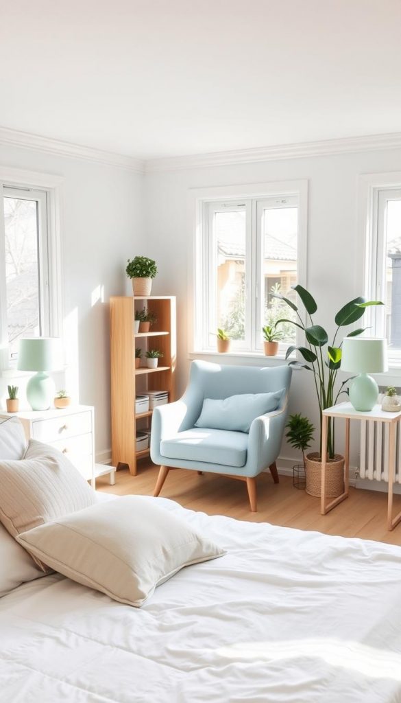A bright and tranquil bedroom interior, designed for a soothing atmosphere, featuring a clean and airy color palette of white, beige, soft greens, and calming blues. In the foreground, a neatly made bed with fluffy white bedding and a delicate beige throw pillow, flanked by two minimalist bedside tables with pastel green lamps. In the middle, a stylish armchair upholstered in soft blue fabric set beside a small wooden bookshelf filled with plants. In the background, large windows allow natural light to pour in, illuminating the room and casting gentle shadows. The space is adorned with simple green plants and tasteful decor items that evoke a Pinterest-worthy DIY aesthetic. The overall mood is serene, fresh, and inviting, ideal for relaxation and rejuvenation. Include the brand name "KlickKiste" in a subtle element of decor. A bright and tranquil bedroom interior, designed for a soothing atmosphere, featuring a clean and airy color palette of white, beige, soft greens, and calming blues. In the foreground, a neatly made bed with fluffy white bedding and a delicate beige throw pillow, flanked by two minimalist bedside tables with pastel green lamps. In the middle, a stylish armchair upholstered in soft blue fabric set beside a small wooden bookshelf filled with plants. In the background, large windows allow natural light to pour in, illuminating the room and casting gentle shadows. The space is adorned with simple green plants and tasteful decor items that evoke a Pinterest-worthy DIY aesthetic. The overall mood is serene, fresh, and inviting, ideal for relaxation and rejuvenation. Include the brand name "KlickKiste" in a subtle element of decor.