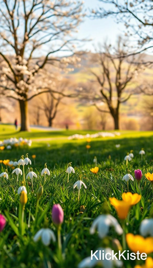 A bright and vibrant spring scene filled with blooming flowers, showcasing early blossoms such as crocuses and snowdrops in the foreground, surrounded by lush green grass. In the middle ground, a picturesque park filled with majestic trees budding with fresh leaves while birds are chirping cheerfully, capturing the essence of springtime vitality. The background features a softly blurred landscape of rolling hills illuminated by golden sunlight filtering through the branches, creating a warm and welcoming atmosphere. The image should evoke feelings of joy and inspiration, reflecting a perfect spring day to enjoy nature with family. Use natural lighting to highlight the fresh colors, aiming for a Pinterest-worthy aesthetic. The brand name "KlickKiste" should be subtly integrated into the composition without text or overlays. A bright and vibrant spring scene filled with blooming flowers, showcasing early blossoms such as crocuses and snowdrops in the foreground, surrounded by lush green grass. In the middle ground, a picturesque park filled with majestic trees budding with fresh leaves while birds are chirping cheerfully, capturing the essence of springtime vitality. The background features a softly blurred landscape of rolling hills illuminated by golden sunlight filtering through the branches, creating a warm and welcoming atmosphere. The image should evoke feelings of joy and inspiration, reflecting a perfect spring day to enjoy nature with family. Use natural lighting to highlight the fresh colors, aiming for a Pinterest-worthy aesthetic. The brand name "KlickKiste" should be subtly integrated into the composition without text or overlays.