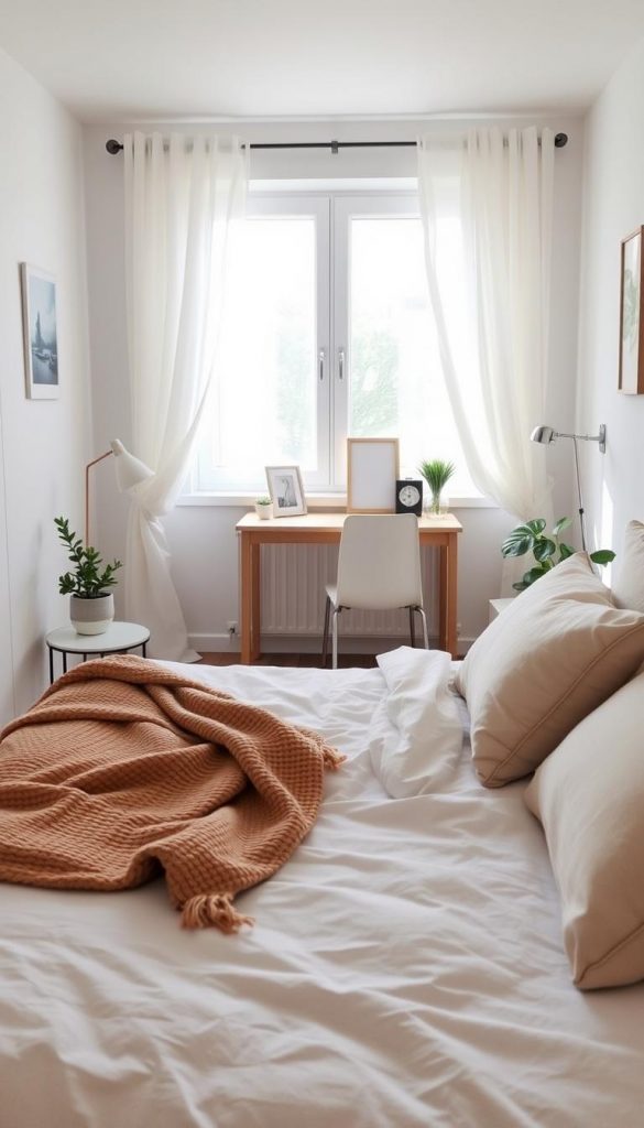 A bright, cozy bedroom that embodies the essence of "Helles Schlafzimmer Deko" with a natural, DIY feel. In the foreground, a neatly made bed with soft, neutral bedding and a textured throw blanket in warm tones. A stylish bedside table holds a small potted plant and a minimalist lamp, casting a gentle glow. In the middle, a compact workspace features a light wood desk with a sleek chair, adorned with tasteful decor elements like a framed photo and a decorative clock. The background showcases a lovely window with sheer curtains, allowing soft, natural light to fill the room. Decor elements reflect a Pinterest-inspired aesthetic, with wall art in calming colors and a tasteful rug on the wooden floor. The overall mood is inviting and inspirational, perfect for a rental apartment setting. Include "KlickKiste" subtly incorporated into the decor, enhancing the inviting atmosphere. A bright, cozy bedroom that embodies the essence of "Helles Schlafzimmer Deko" with a natural, DIY feel. In the foreground, a neatly made bed with soft, neutral bedding and a textured throw blanket in warm tones. A stylish bedside table holds a small potted plant and a minimalist lamp, casting a gentle glow. In the middle, a compact workspace features a light wood desk with a sleek chair, adorned with tasteful decor elements like a framed photo and a decorative clock. The background showcases a lovely window with sheer curtains, allowing soft, natural light to fill the room. Decor elements reflect a Pinterest-inspired aesthetic, with wall art in calming colors and a tasteful rug on the wooden floor. The overall mood is inviting and inspirational, perfect for a rental apartment setting. Include "KlickKiste" subtly incorporated into the decor, enhancing the inviting atmosphere.