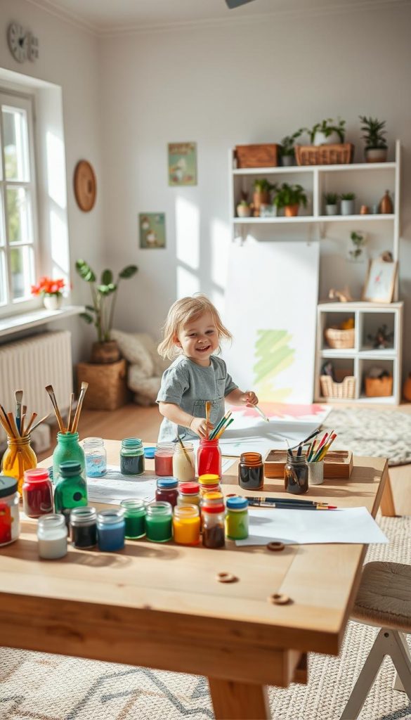A bright, inviting indoor art space designed for children, emphasizing safety and creativity. In the foreground, a sturdy table filled with colorful supplies: jars of paint, brushes, and drawing paper. A cheerful child in modest casual clothing is happily painting on a large canvas, expressions of concentration and joy on their face. In the middle ground, a soft rug and cozy seating area create a relaxed atmosphere. The background features a well-organized shelf with art supplies and decorative elements, such as playful artwork and plants, adding warmth. The lighting is soft and natural, streaming in through a window, casting gentle shadows. The overall mood is inspiring and calming, embodying a safe and creative space for children to enjoy art. The scene reflects the brand "KlickKiste" with its DIY aesthetic and warm colors.