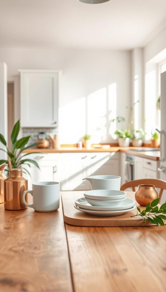 A bright, inviting kitchen scene featuring a harmonious color palette of white, wood, and copper. In the foreground, a wooden table displays simple yet elegant kitchen accessories in copper, paired with soft white dishware. The middle section reveals a contemporary kitchen design with white cabinets and warm wooden countertops, accentuated by natural light streaming in from a nearby window, casting gentle shadows. The background showcases a subtle blend of natural tones, with houseplants adding touches of green. The atmosphere is warm and inspiring, resembling a Pinterest-worthy DIY setup, perfect for a stylish yet cozy kitchen. The scene reflects the brand KlickKiste, embodying a modern, functional aesthetic in home decor.