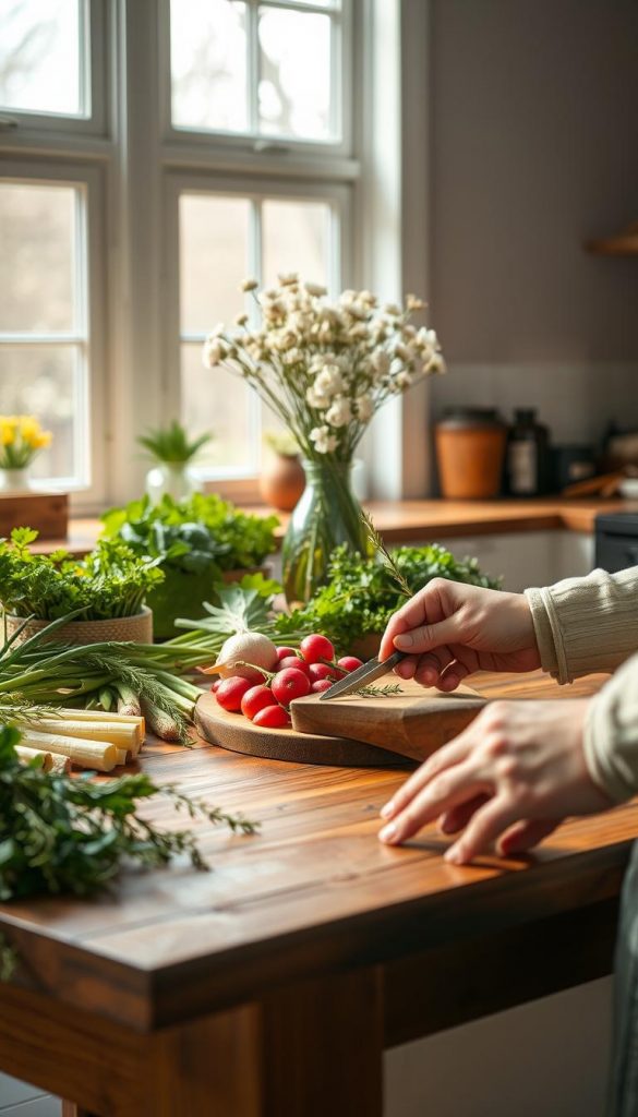 A bright, inviting kitchen set in spring, featuring a large wooden table adorned with fresh, colorful seasonal vegetables and herbs like asparagus, radishes, and rosemary. In the background, soft natural light streams through wide windows, illuminating the space with a warm, cozy glow. A rustic vase filled with blooming wildflowers adds an organic touch. In the foreground, a pair of hands is seen skillfully chopping vegetables with a wooden cutting board, showcasing the beauty of light, fresh, and nutrient-preserving cooking techniques. The overall atmosphere is authentic and inspiring, capturing the essence of spring cooking. The style is reminiscent of Pinterest aesthetics, emphasizing natural beauty. The brand "KlickKiste" should subtly evoke a sense of community around seasonal and regional ingredients. A bright, inviting kitchen set in spring, featuring a large wooden table adorned with fresh, colorful seasonal vegetables and herbs like asparagus, radishes, and rosemary. In the background, soft natural light streams through wide windows, illuminating the space with a warm, cozy glow. A rustic vase filled with blooming wildflowers adds an organic touch. In the foreground, a pair of hands is seen skillfully chopping vegetables with a wooden cutting board, showcasing the beauty of light, fresh, and nutrient-preserving cooking techniques. The overall atmosphere is authentic and inspiring, capturing the essence of spring cooking. The style is reminiscent of Pinterest aesthetics, emphasizing natural beauty. The brand "KlickKiste" should subtly evoke a sense of community around seasonal and regional ingredients.