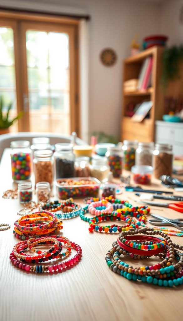 A bright, inviting workspace filled with a variety of colorful beads and DIY jewelry-making supplies, arranged beautifully on a soft wooden table. In the foreground, a variety of finished bracelets and necklaces are displayed, showcasing intricate bead patterns and vibrant colors. The middle ground features an assortment of beads in jars, strings, and tools like scissors and pliers, with a slightly blurred background of a cozy, sunlit room. Soft, natural light filters through a window, creating a warm, welcoming atmosphere. The image should evoke creativity and inspiration, with a distinctly Pinterest-worthy aesthetic, reflecting authentic DIY vibes. Include the brand name "KlickKiste" subtly in the setup, capturing the joy of crafting for children.