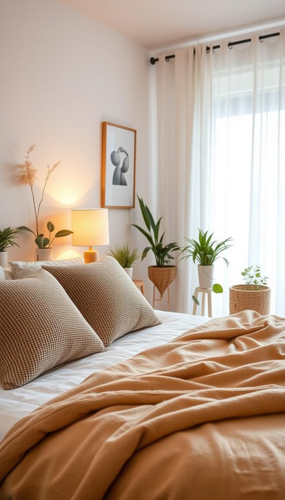 A bright, stylish bedroom interior featuring a modern design with natural DIY decor. In the foreground, a cozy bed adorned with textured, warm-colored pillows and a soft blanket. The middle ground includes a well-placed bedside table with a tasteful lamp emitting a warm glow, creating a soothing atmosphere. Delicate wall art and indoor plants add charm without overcrowding the space, ensuring an open feel. In the background, soft curtains filter natural light, preventing harsh shadows. Use a slightly elevated angle to capture the room's layout. The overall mood should be inviting and inspiring, showcasing the essence of "KlickKiste" with a Pinterest-like aesthetic that embodies warmth and simplicity, while avoiding clutter and overwhelming brightness. A bright, stylish bedroom interior featuring a modern design with natural DIY decor. In the foreground, a cozy bed adorned with textured, warm-colored pillows and a soft blanket. The middle ground includes a well-placed bedside table with a tasteful lamp emitting a warm glow, creating a soothing atmosphere. Delicate wall art and indoor plants add charm without overcrowding the space, ensuring an open feel. In the background, soft curtains filter natural light, preventing harsh shadows. Use a slightly elevated angle to capture the room's layout. The overall mood should be inviting and inspiring, showcasing the essence of "KlickKiste" with a Pinterest-like aesthetic that embodies warmth and simplicity, while avoiding clutter and overwhelming brightness.