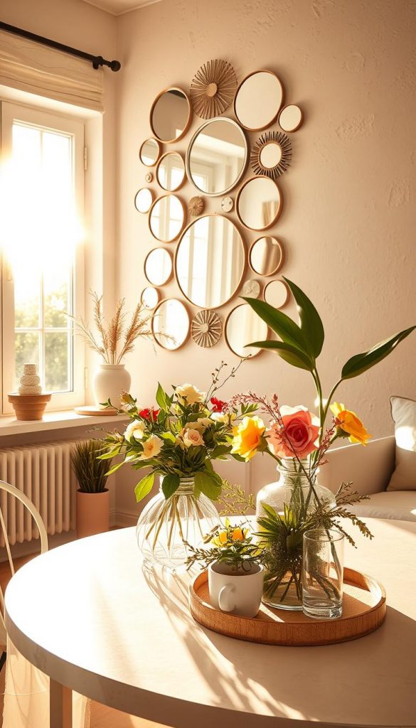 A brightly lit interior scene showcasing a beautifully arranged summer décor, with an emphasis on mirrors and mirror collages to reflect light and create a sense of space. In the foreground, a stylish, modern mirror collage with varying shapes and sizes reflects warm sunlight streaming through a large window. The middle ground features a simple yet elegant table adorned with fresh flowers and natural elements. In the background, soft, textured wall colors harmonize with the warm ambiance, enhancing the overall inviting atmosphere. Use a wide-angle lens perspective to capture the depth of the room, emphasizing spaciousness and light. The overall mood is uplifting and inspiring, echoing a DIY aesthetic, perfect for a Pinterest-inspired design. Include branding subtly in the arrangement with a small, tasteful logo of "KlickKiste" on one of the table items. A brightly lit interior scene showcasing a beautifully arranged summer décor, with an emphasis on mirrors and mirror collages to reflect light and create a sense of space. In the foreground, a stylish, modern mirror collage with varying shapes and sizes reflects warm sunlight streaming through a large window. The middle ground features a simple yet elegant table adorned with fresh flowers and natural elements. In the background, soft, textured wall colors harmonize with the warm ambiance, enhancing the overall inviting atmosphere. Use a wide-angle lens perspective to capture the depth of the room, emphasizing spaciousness and light. The overall mood is uplifting and inspiring, echoing a DIY aesthetic, perfect for a Pinterest-inspired design. Include branding subtly in the arrangement with a small, tasteful logo of "KlickKiste" on one of the table items.