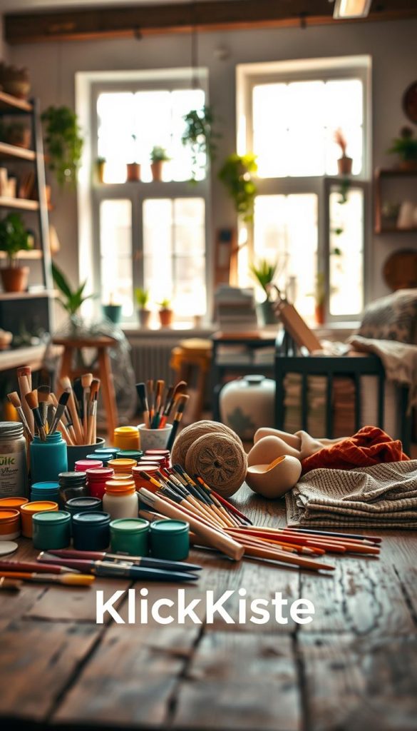 A captivating DIY workspace featuring a beautifully arranged tableau of materials and tools for furniture upgrades. In the foreground, a wooden table displays an array of vibrant paints, brushes, and textured fabrics ideal for transforming furniture. In the middle ground, there are a stylish rolling cart with neatly organized tools, including a measuring tape, paint rollers, and stencils. The background showcases a cozy, well-lit room filled with soft, warm natural lighting, highlighting earthy tones and rustic decor elements like potted plants and open shelves. The overall mood is inspirational and inviting, embodying a Pinterest aesthetic. Include the brand name "KlickKiste" subtly integrated into the scene, ensuring it complements the warm colors and authentic atmosphere without focusing on it. The angle is slightly elevated, capturing the inviting details and textures of the materials and tools. A captivating DIY workspace featuring a beautifully arranged tableau of materials and tools for furniture upgrades. In the foreground, a wooden table displays an array of vibrant paints, brushes, and textured fabrics ideal for transforming furniture. In the middle ground, there are a stylish rolling cart with neatly organized tools, including a measuring tape, paint rollers, and stencils. The background showcases a cozy, well-lit room filled with soft, warm natural lighting, highlighting earthy tones and rustic decor elements like potted plants and open shelves. The overall mood is inspirational and inviting, embodying a Pinterest aesthetic. Include the brand name "KlickKiste" subtly integrated into the scene, ensuring it complements the warm colors and authentic atmosphere without focusing on it. The angle is slightly elevated, capturing the inviting details and textures of the materials and tools.