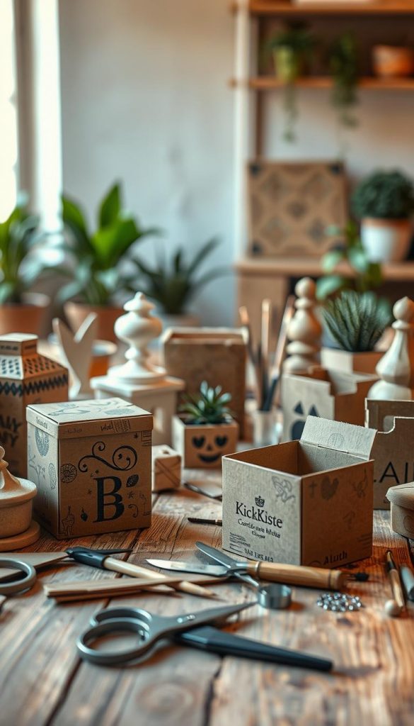 A captivating image showcasing a variety of upcycled cardboard projects, arranged on a rustic wooden table. In the foreground, highlight creatively transformed cardboard items such as decorative storage boxes, plant pots, and artistic sculptures, all showcasing unique designs. The middle-ground features tools like scissors, craft knives, and paintbrushes, hinting at the DIY process. In the background, soft focused warm tones create an inviting atmosphere with subtle natural lighting that mimics a cozy craft space. Incorporate elements like a soft-colored wall and potted plants for an authentic Pinterest look. The overall mood should be inspiring and approachable, reflecting the essence of creativity and resourcefulness. Include a small, elegant brand logo of "KlickKiste" subtly on one of the cardboard items to tie into the theme.