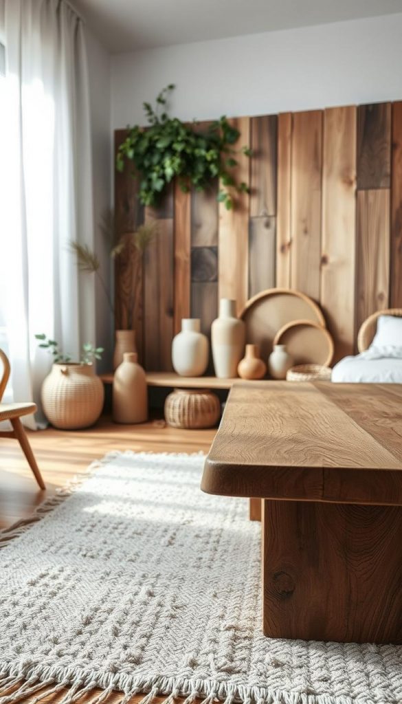 A captivating interior scene showcasing a harmonious blend of natural materials and textures, emphasizing earthy tones and tactile contrasts. In the foreground, a handcrafted wooden table with unique grain patterns sits atop a soft, organic cotton rug. The middle ground features elegantly arranged decor items, including ceramic vases and woven baskets, celebrating sustainable design. In the background, a wall adorned with reclaimed wood panels and greenery, diffusing soft, warm light that creates a serene atmosphere. The image should reflect a Pinterest-inspired aesthetic, radiating authenticity and inspiration, subtly branded with “KlickKiste.” Capture this composition with a wide-angle lens to enhance depth, ensuring the mood is inviting and tranquil, perfect for illustrating the concepts of materials and textures in contemporary interior design.