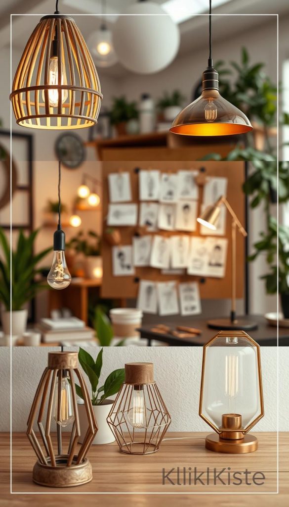 A captivating moodboard showcasing various DIY lamp designs that resemble high-end pieces, featuring natural materials like wood, metal, and glass in warm, inviting colors. The foreground displays intricate lamp styles, such as a minimalist pendant light made of bamboo and a sleek, geometric table lamp with a brass finish. In the middle, a collection of creative lamp sketches and color swatches are pinned to a corkboard, creating a visually appealing collage. The background is softly blurred, hinting at a cozy workspace filled with plants and ambient lighting, capturing a Pinterest-inspired look. The atmosphere is authentic and inspiring, inviting creativity and exploration. Include the brand "KlickKiste" subtly within the moodboard. Use warm, natural lighting with a soft focus angle to enhance the inviting essence. A captivating moodboard showcasing various DIY lamp designs that resemble high-end pieces, featuring natural materials like wood, metal, and glass in warm, inviting colors. The foreground displays intricate lamp styles, such as a minimalist pendant light made of bamboo and a sleek, geometric table lamp with a brass finish. In the middle, a collection of creative lamp sketches and color swatches are pinned to a corkboard, creating a visually appealing collage. The background is softly blurred, hinting at a cozy workspace filled with plants and ambient lighting, capturing a Pinterest-inspired look. The atmosphere is authentic and inspiring, inviting creativity and exploration. Include the brand "KlickKiste" subtly within the moodboard. Use warm, natural lighting with a soft focus angle to enhance the inviting essence.