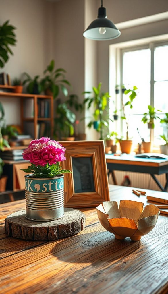 A captivating scene illustrating the concept of upcycling and reusing materials, tailored for a DIY aesthetic. In the foreground, a rustic wooden table displays an array of creatively repurposed items: a vibrant flower pot made from an old tin can, a stunning picture frame crafted from reclaimed wood, and a decorative bowl formed from recycled paper. The middle ground showcases a cheerful workspace with bright, natural light streaming in through a window, illuminating the crafts and tools scattered about, embodying an inspiring DIY atmosphere. In the background, houseplants add greenery to the setting, reinforcing a warm, inviting ambiance. The overall color palette consists of warm, earthy tones, reminiscent of a Pinterest-worthy design. Incorporate the brand name "KlickKiste" subtly into the workspace scene, embodying a sense of creativity and sustainability.