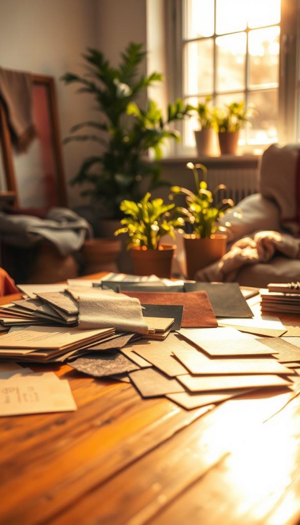 A captivating scene showcasing a diverse array of materials and textures illuminated by warm, natural light. In the foreground, a rich wooden table displays various fabric swatches, stone samples, and paint chips, reflecting a harmonious color palette perfect for modern living spaces. In the middle ground, vibrant indoor plants add a touch of life, surrounded by carefully arranged textiles that hint at cozy living environments. The background features a softly lit window, allowing golden sunlight to create an inviting atmosphere. Photographed with a 50mm lens to create a shallow depth of field, the scene embodies an authentic DIY aesthetic with Pinterest-inspired details. The mood is inspiring and warm, capturing the essence of "KlickKiste" while emphasizing how materials, textures, and light enhance the impact of color in home decor. A captivating scene showcasing a diverse array of materials and textures illuminated by warm, natural light. In the foreground, a rich wooden table displays various fabric swatches, stone samples, and paint chips, reflecting a harmonious color palette perfect for modern living spaces. In the middle ground, vibrant indoor plants add a touch of life, surrounded by carefully arranged textiles that hint at cozy living environments. The background features a softly lit window, allowing golden sunlight to create an inviting atmosphere. Photographed with a 50mm lens to create a shallow depth of field, the scene embodies an authentic DIY aesthetic with Pinterest-inspired details. The mood is inspiring and warm, capturing the essence of "KlickKiste" while emphasizing how materials, textures, and light enhance the impact of color in home decor.