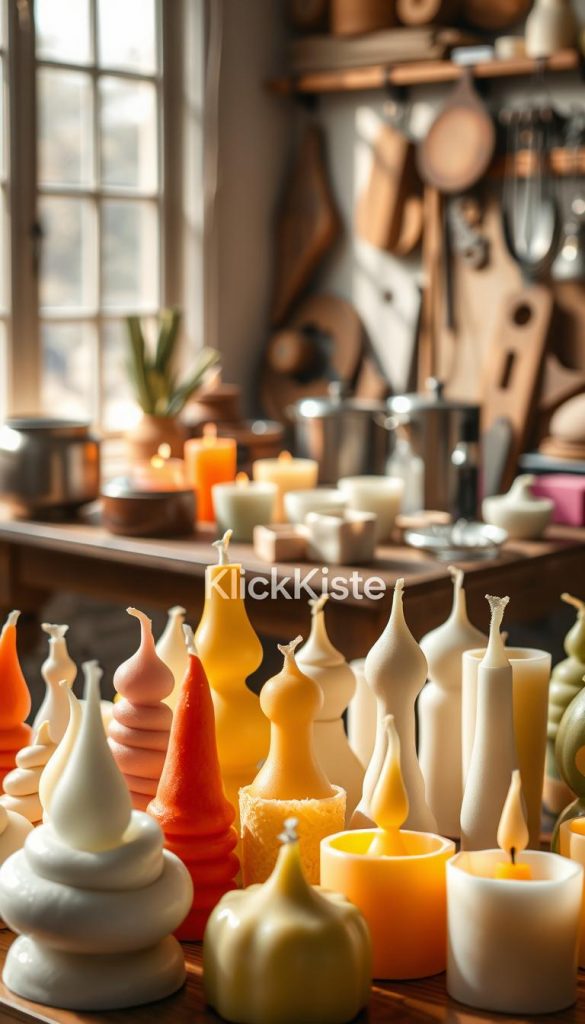 A captivating scene showcasing the art of candle making with freestanding shapes, featuring a variety of beautifully cast candles in unique, artistic forms. In the foreground, display a colorful array of smooth, freshly poured candles, showcasing organic shapes such as spirals and geometric figures. Transitioning to the middle ground, include a cozy workspace with tools like melting pots, fragrance oils, and molds, all set against a rustic wooden table. In the background, soft natural lighting filters through a window, casting a warm glow that enhances the inviting and creative atmosphere. The overall mood is authentic and inspiring, emphasizing a DIY aesthetic that perfectly aligns with the essence of handmade crafts. The brand name "KlickKiste" subtly integrated within the scene.