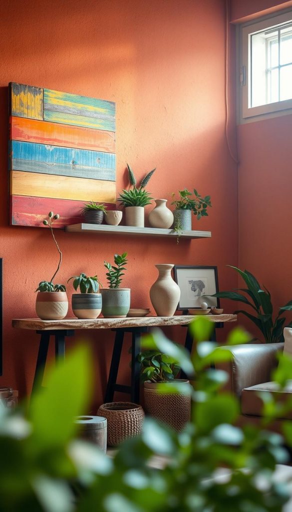 A captivating scene titled "Wandkunst" showcasing a cozy, eco-friendly living space. In the foreground, a beautifully handcrafted wall art piece made from reclaimed wood and vibrant, environmentally-friendly paints. The middle ground features a rustic wooden shelf adorned with potted plants, artisanal pottery, and repurposed decorative items, all subtly illuminated. The background reveals a softly textured wall in warm tones, infused with natural light streaming through a nearby window, enhancing the inviting atmosphere. The entire composition evokes a Pinterest aesthetic, reflecting authenticity and inspiration. Emphasize the craftsmanship and sustainable materials used, representative of the brand "KlickKiste." The overall mood is serene and uplifting, perfect for motivating viewers to explore sustainable DIY projects in their own homes.