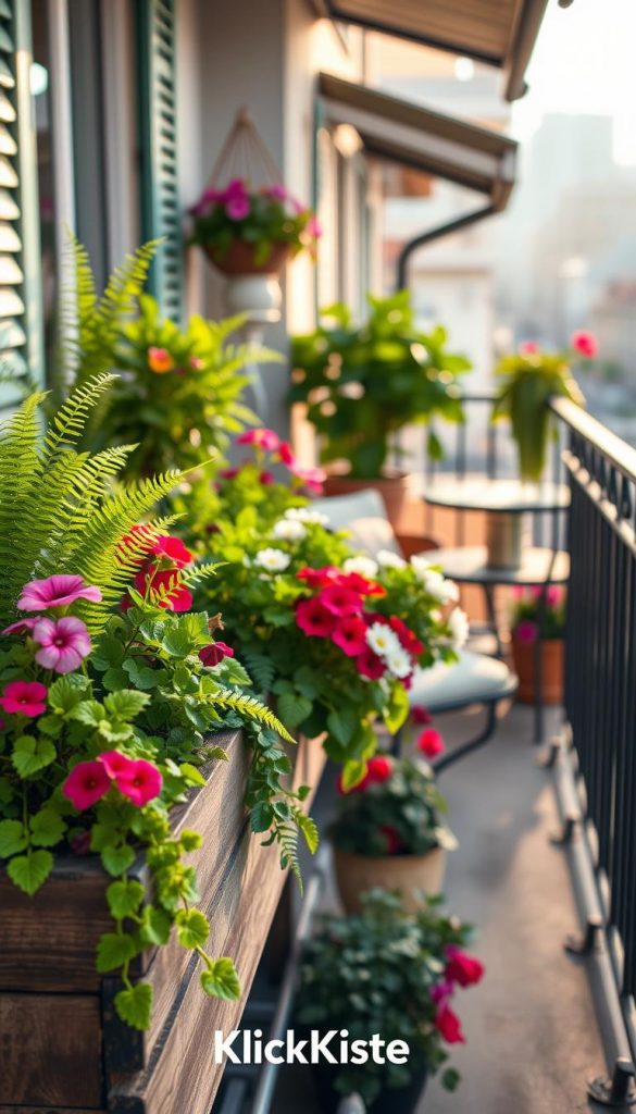 A charming balcony scene filled with vibrant plants and flowers typical for a small balcony. In the foreground, a rustic wooden planter with lush green ferns and colorful flowering plants like geraniums and petunias. The middle layer features a cozy seating area with a small bistro table adorned with a vase of fresh daisies. The background showcases a cityscape with soft sunlight filtering through, creating a warm and inviting atmosphere. Capture the essence of a DIY Pinterest-inspired aesthetic with natural colors and textures. Use soft, diffused lighting to evoke a serene mood, and apply a shallow depth of field to focus on the plants. Include the brand name "KlickKiste" subtly in the image.