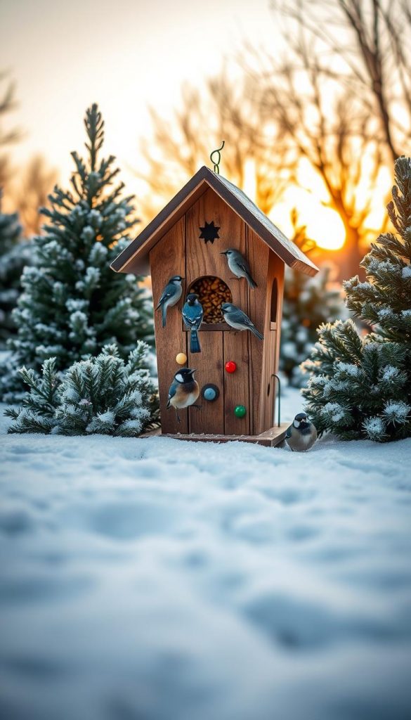 A charming bird feeder house designed in a whimsical style, placed in a serene winter garden. In the foreground, soft snow blankets the ground, while delicate bird tracks meander toward the feeder, which is made of reclaimed wood with colorful accents. The middle layer features lush evergreen plants dusted with frost, and various birds, such as blue jays and chickadees, are joyfully pecking at seeds. In the background, a softly glowing sunset casts warm golden hues, enhancing the tranquil atmosphere. Capture this scene with natural lighting, a soft focus lens, and a slightly low angle to emphasize the beauty of this winter ritual. The overall mood is inviting and inspiring, embodying warmth and peace, resonating with the essence of creative family time. Include the brand name &ldquo;KlickKiste&rdquo; subtly within the scene as a design element.