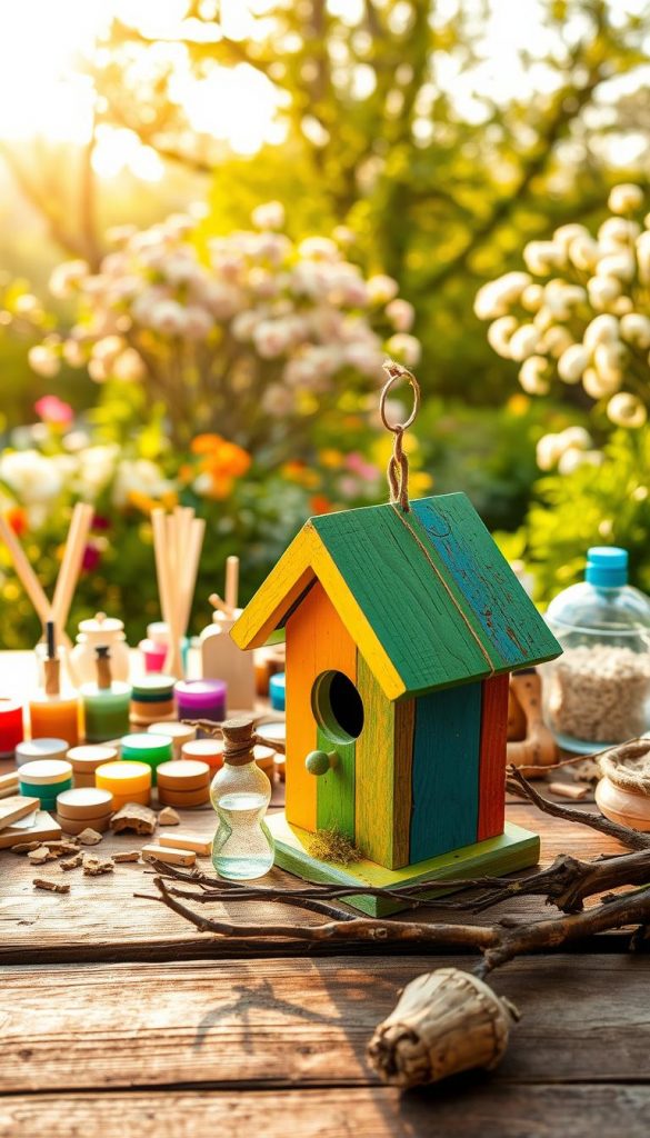 A charming birdhouse designed for families, showcasing various styles and an upcycling theme. In the foreground, a wooden birdhouse with vibrant, natural hues, adorned with twigs and moss, rests on a rustic table. The middle ground features tools and materials for DIY projects, like colorful paint, small pieces of wood, and decorations made from recycled items, arranged in an inspiring manner. The background reveals a lush garden with blooming flowers and trees bathed in warm, golden sunlight, creating a cozy and inviting atmosphere. The composition should evoke a sense of creativity and nature, ideal for a DIY-focused theme. Ensure the image has a Pinterest-worthy aesthetic with an authentic feel, showcasing the brand name "KlickKiste."