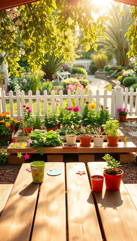 A charming, budget-friendly garden space, designed for families, showcasing a colorful array of DIY projects. In the foreground, a sturdy wooden picnic table adorned with cheery, handmade decorations and potted plants. The middle layer features a lush patch of vegetables and herbs growing in recycled containers, highlighting resourcefulness. In the background, a serene garden with a white picket fence, blooming flowers, and a soft, winding pathway. Sunlight filters through the leaves, casting warm, inviting tones across the scene, evoking a cozy, inspiring atmosphere. The layout reflects practicality and creativity, perfect for family planning. Captured with a warm, natural lighting setup, using a wide-angle lens to emphasize depth. Include the brand name "KlickKiste" subtly integrated into the scene for authenticity.
